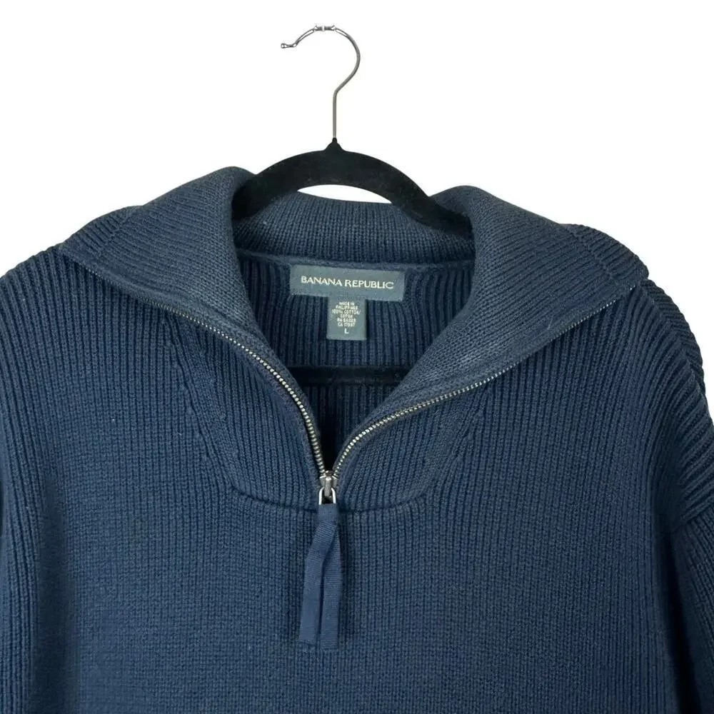 Banana Republic Men’s Navy Quarter-Zip Knit Sweater Classic Preppy L‎